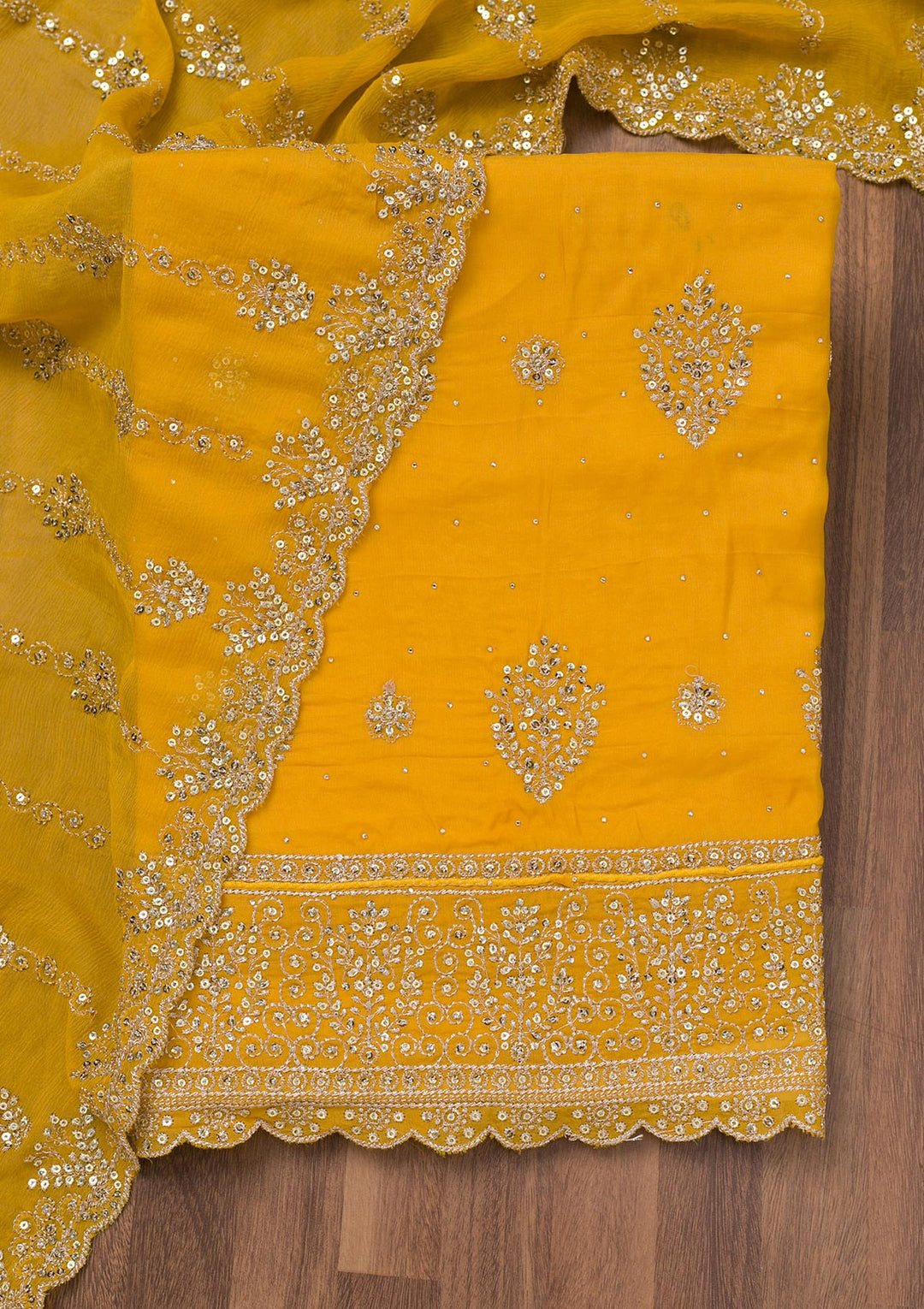 Yellow Zariwork Semi Crepe Unstitched Salwar Suit-Koskii
