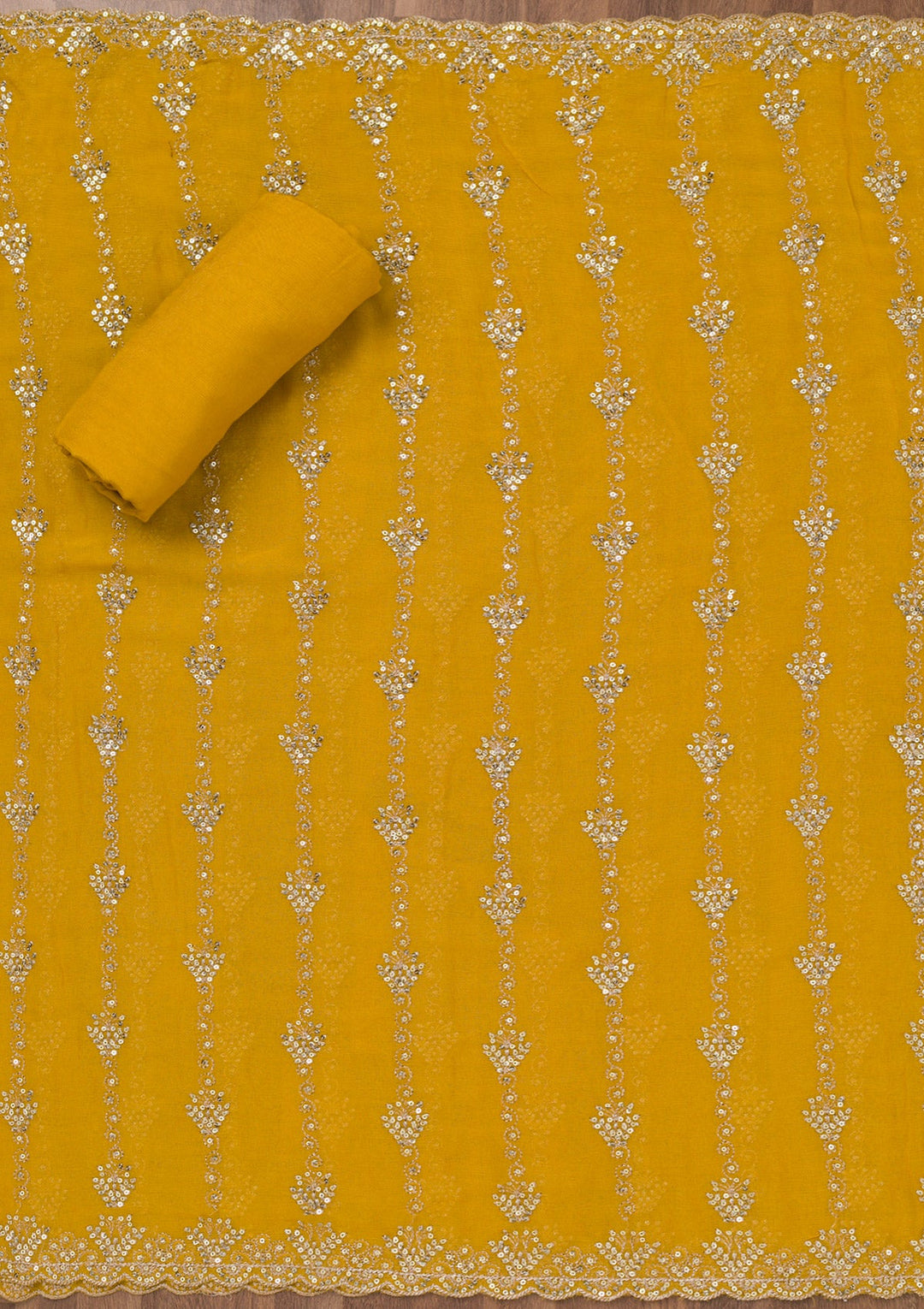 Yellow Zariwork Semi Crepe Unstitched Salwar Suit-Koskii