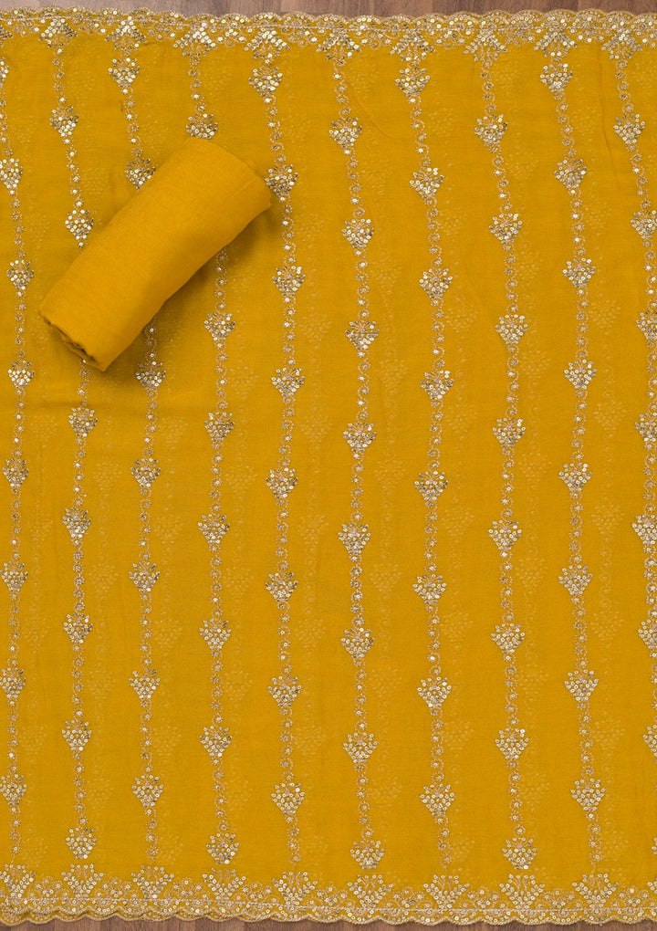 Yellow Zariwork Semi Crepe Unstitched Salwar Suit-Koskii