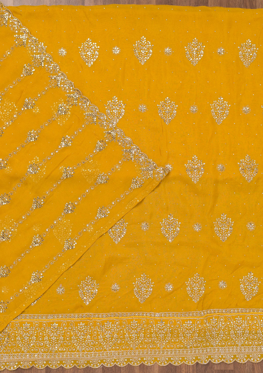 Yellow Zariwork Semi Crepe Unstitched Salwar Suit-Koskii