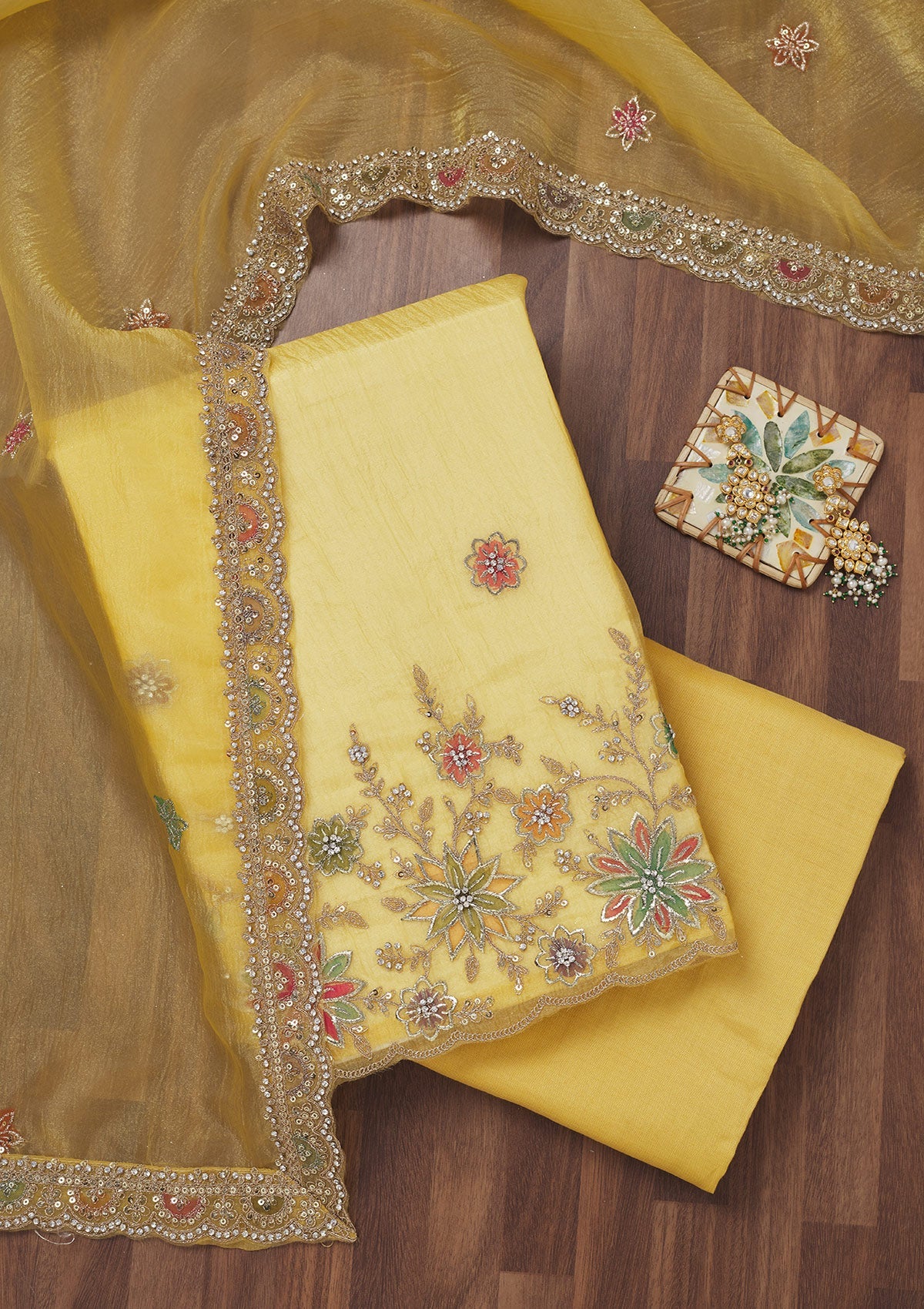 Yellow Zariwork Semi Crepe Unstitched Salwar Suit-Koskii