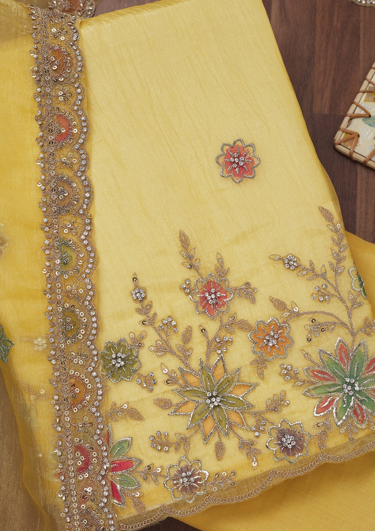 Yellow Zariwork Semi Crepe Unstitched Salwar Suit-Koskii