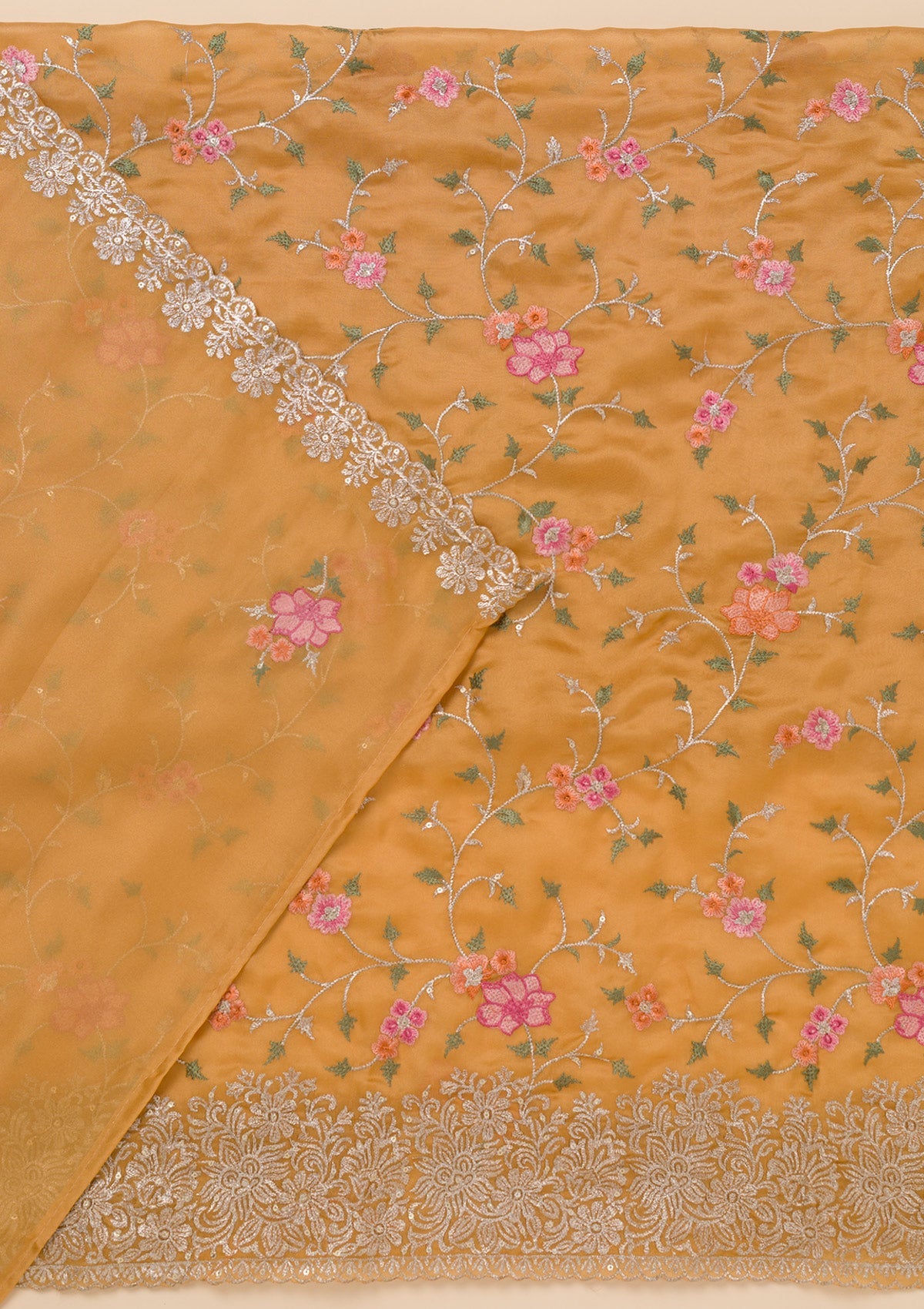 Yellow Zariwork Semi Crepe Unstitched Salwar Suit-Koskii