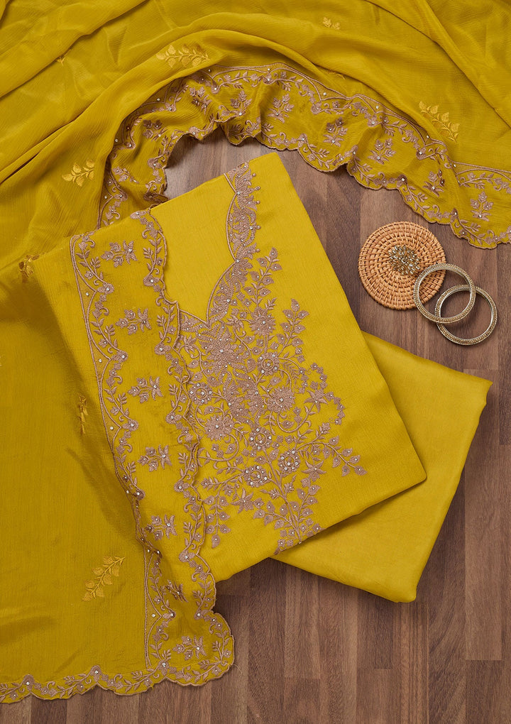 Yellow Zariwork Semi Crepe Unstitched Salwar Suit-Koskii