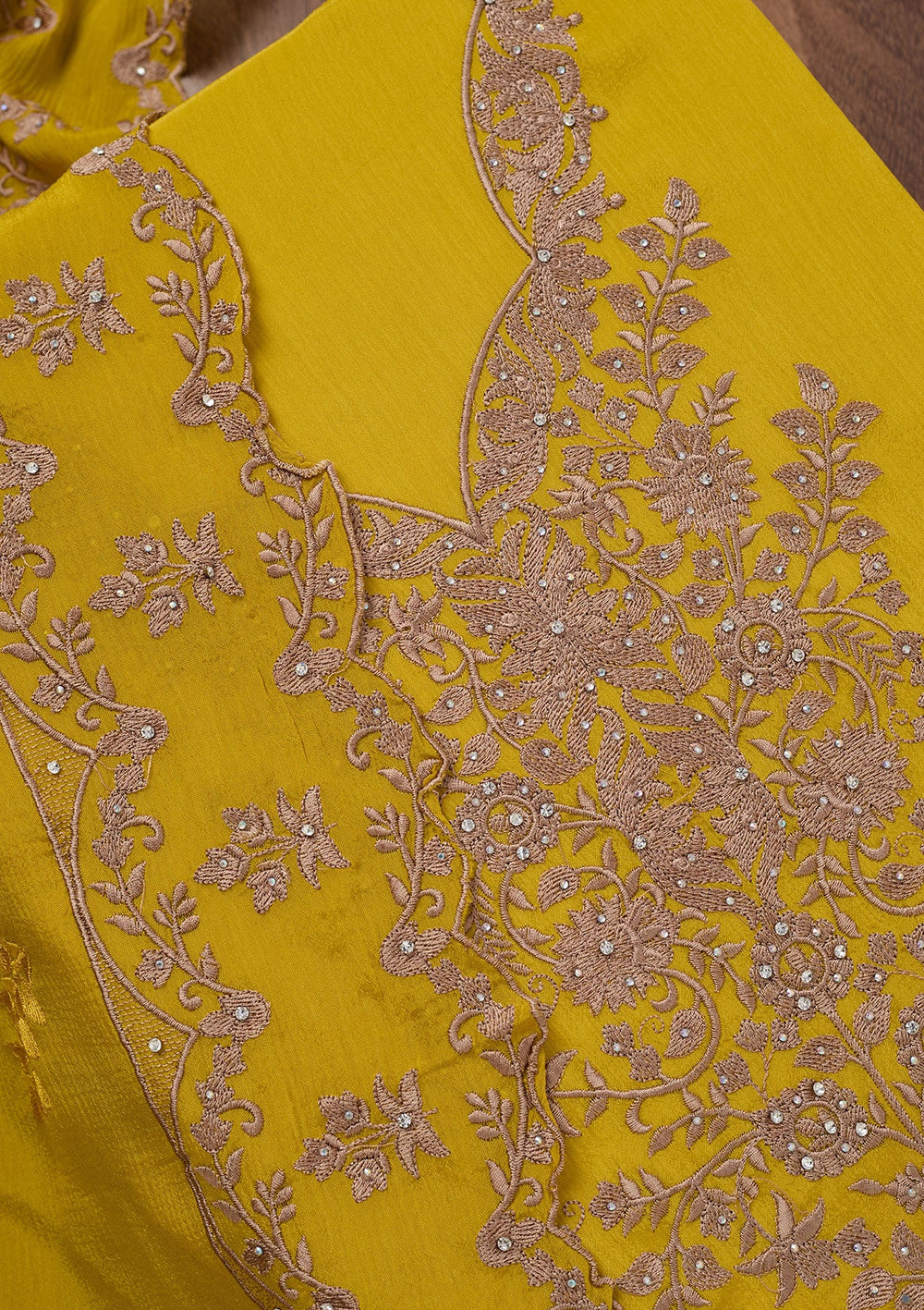 Yellow Zariwork Semi Crepe Unstitched Salwar Suit-Koskii