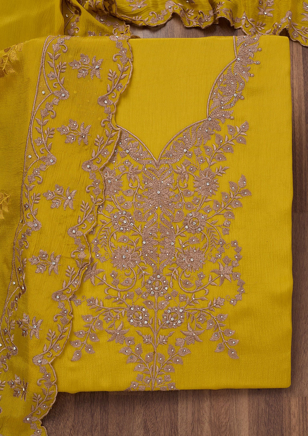 Yellow Zariwork Semi Crepe Unstitched Salwar Suit-Koskii