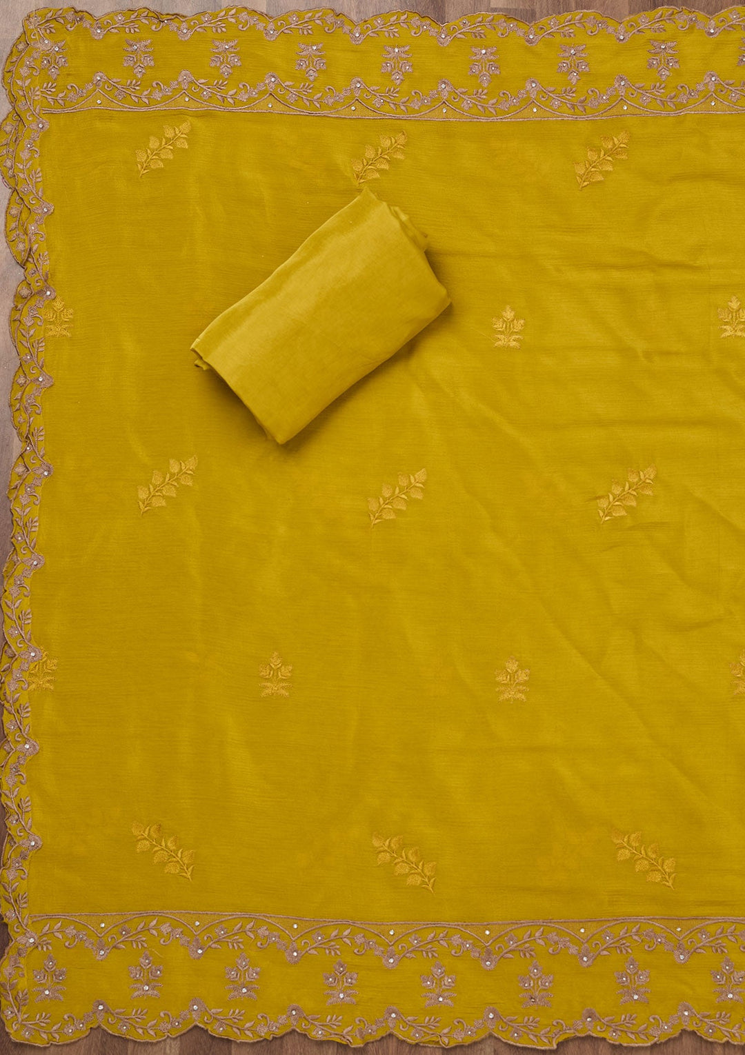 Yellow Zariwork Semi Crepe Unstitched Salwar Suit-Koskii