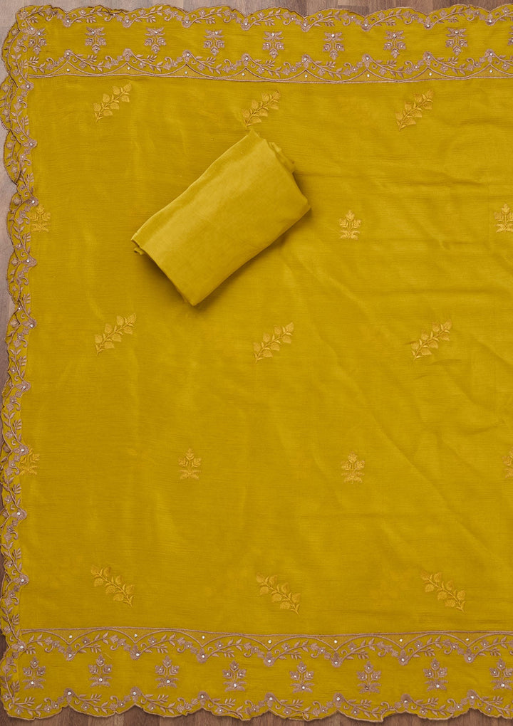Yellow Zariwork Semi Crepe Unstitched Salwar Suit-Koskii