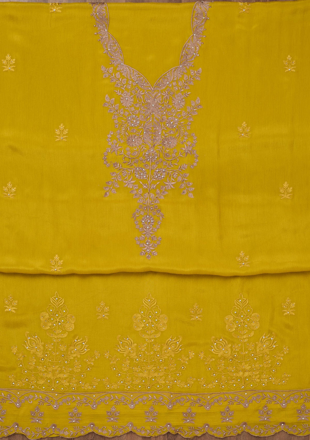 Yellow Zariwork Semi Crepe Unstitched Salwar Suit-Koskii