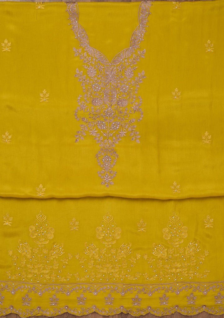 Yellow Zariwork Semi Crepe Unstitched Salwar Suit-Koskii