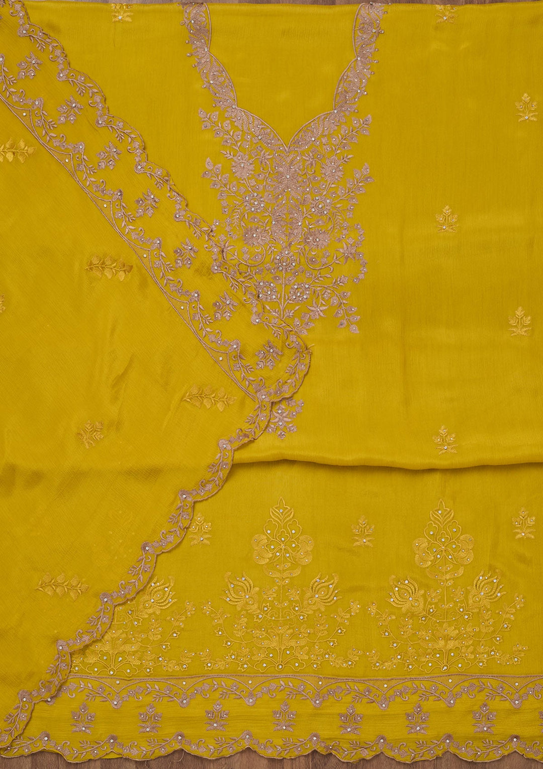 Yellow Zariwork Semi Crepe Unstitched Salwar Suit-Koskii