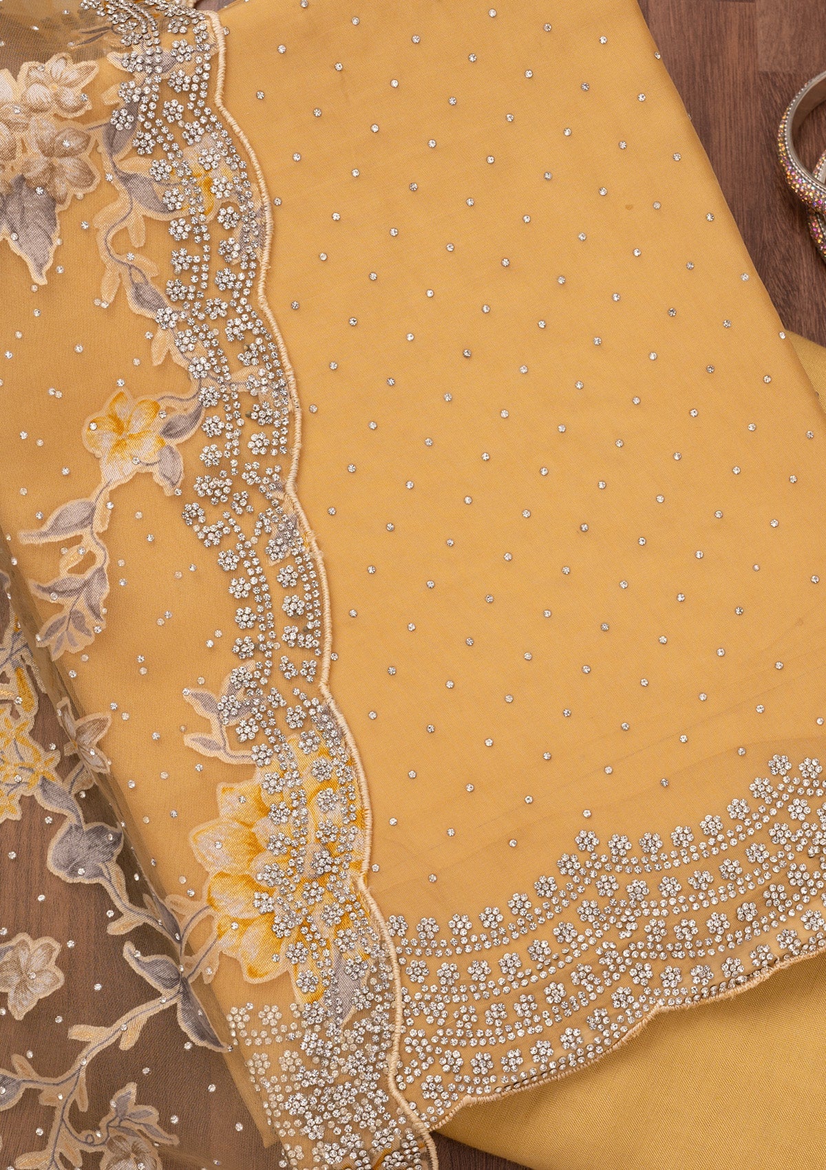 Yellow Zariwork Semi Crepe Unstitched Salwar Suit-Koskii