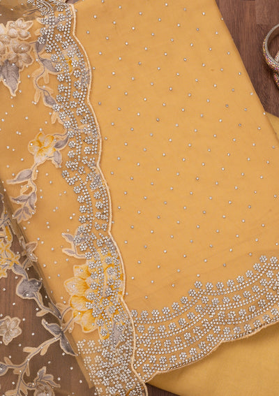 Yellow Zariwork Semi Crepe Unstitched Salwar Suit-Koskii