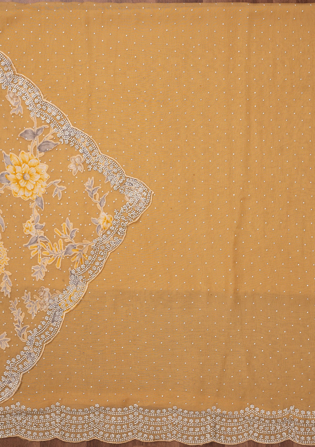 Yellow Zariwork Semi Crepe Unstitched Salwar Suit-Koskii