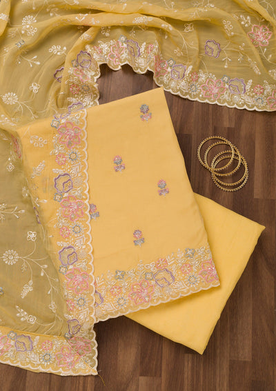 Yellow Zariwork Semi Crepe Unstitched Salwar Suit-Koskii