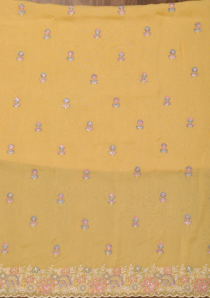 Yellow Zariwork Semi Crepe Unstitched Salwar Suit-Koskii