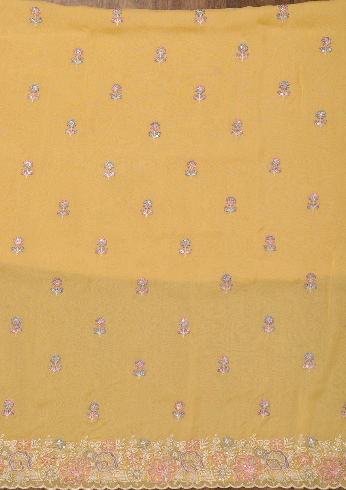 Yellow Zariwork Semi Crepe Unstitched Salwar Suit-Koskii