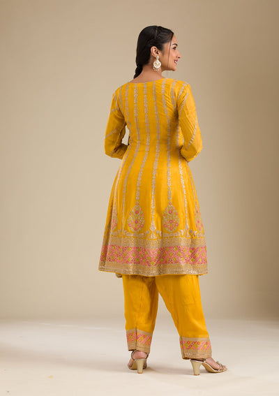 Yellow Zariwork Tissue Readymade Salwar Suit-Koskii