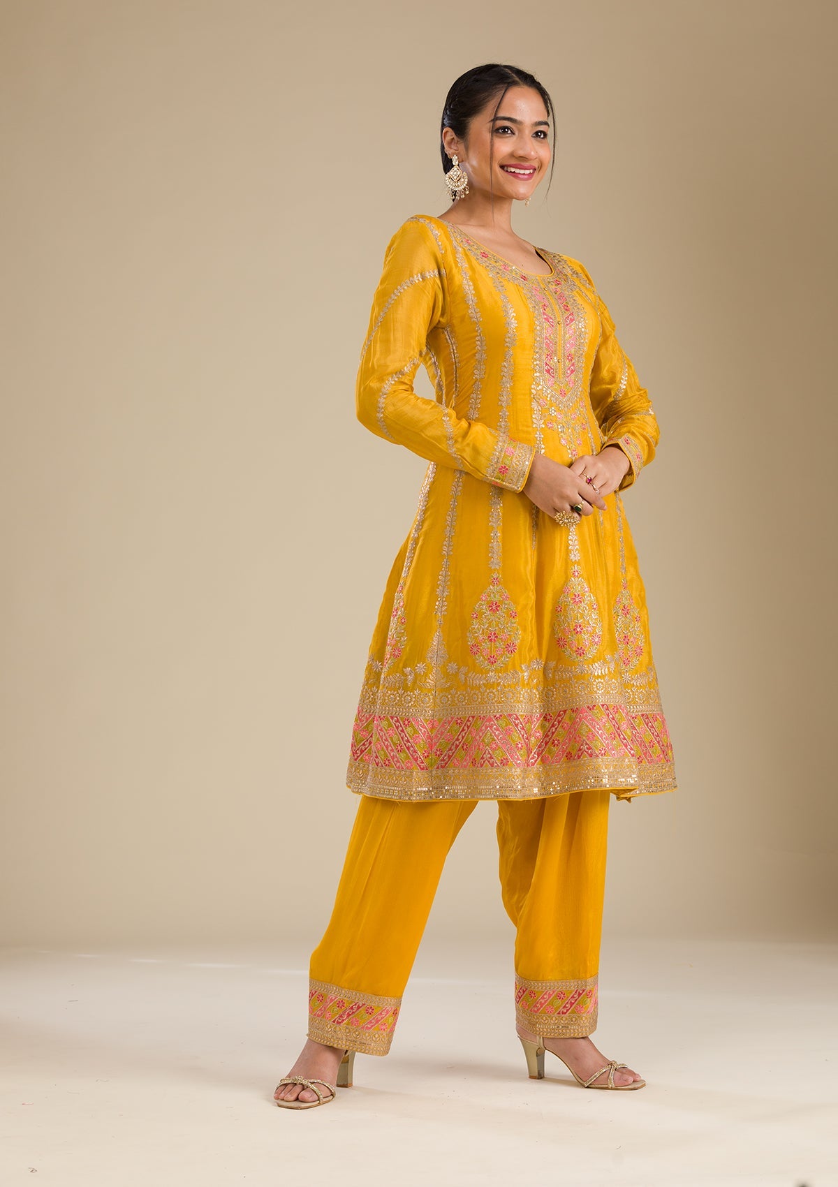 Yellow Zariwork Tissue Readymade Salwar Suit-Koskii