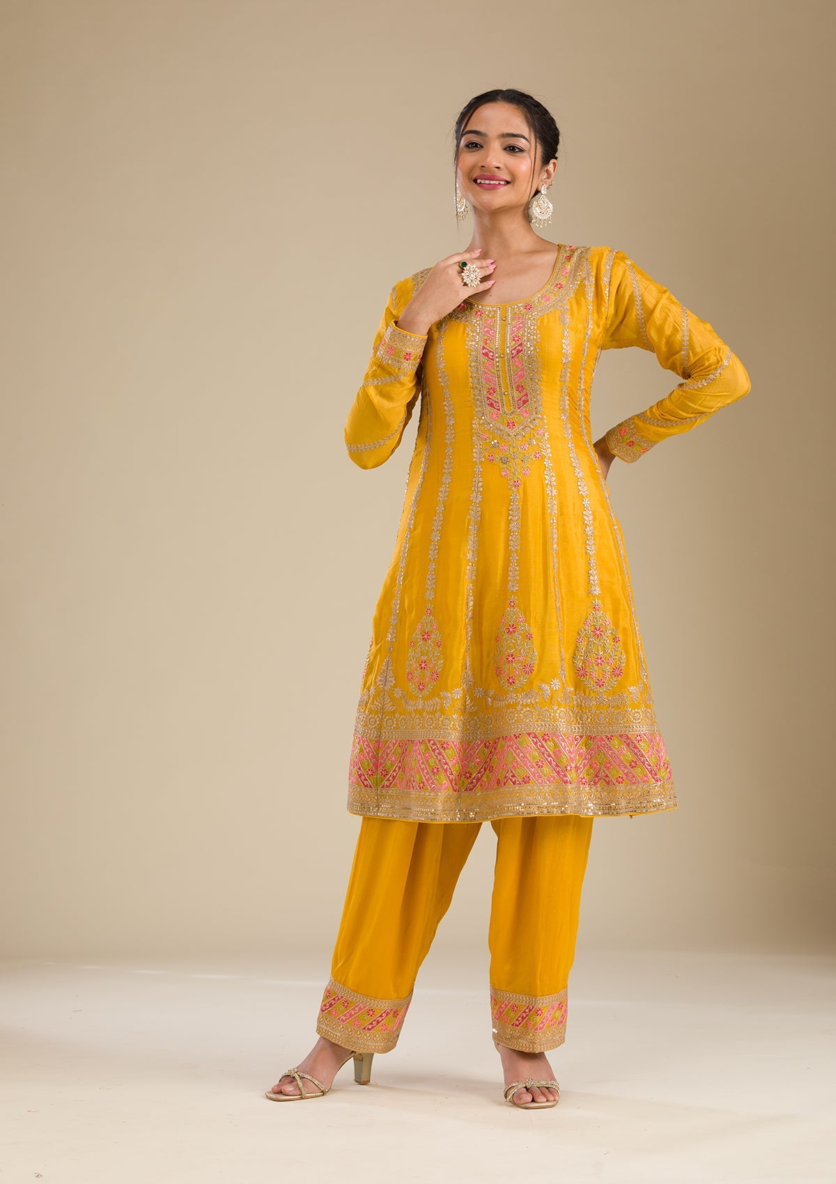 Yellow Zariwork Tissue Readymade Salwar Suit-Koskii