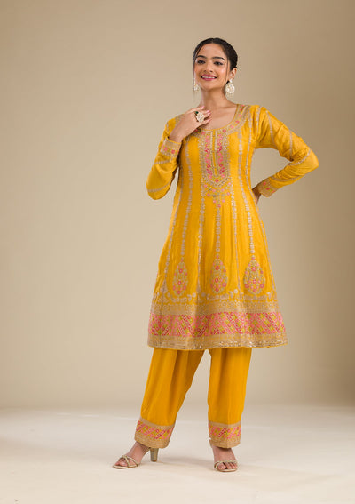 Yellow Zariwork Tissue Readymade Salwar Suit-Koskii