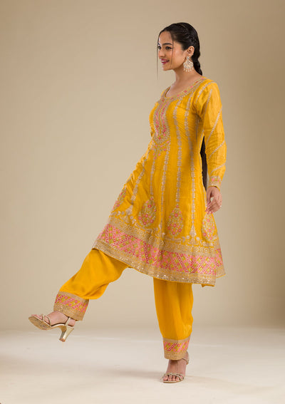 Yellow Zariwork Tissue Readymade Salwar Suit-Koskii