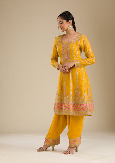 Yellow Zariwork Tissue Readymade Salwar Suit-Koskii