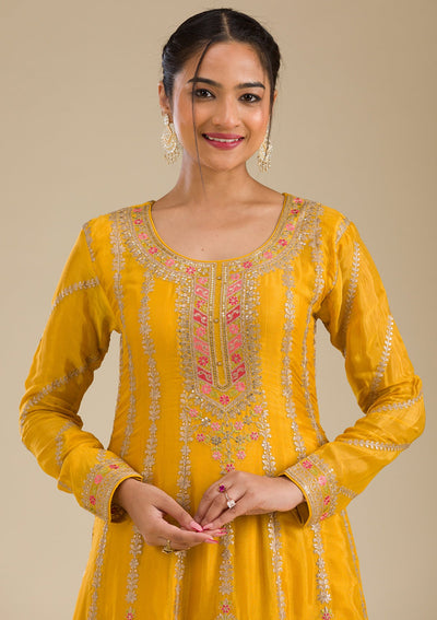 Yellow Zariwork Tissue Readymade Salwar Suit-Koskii