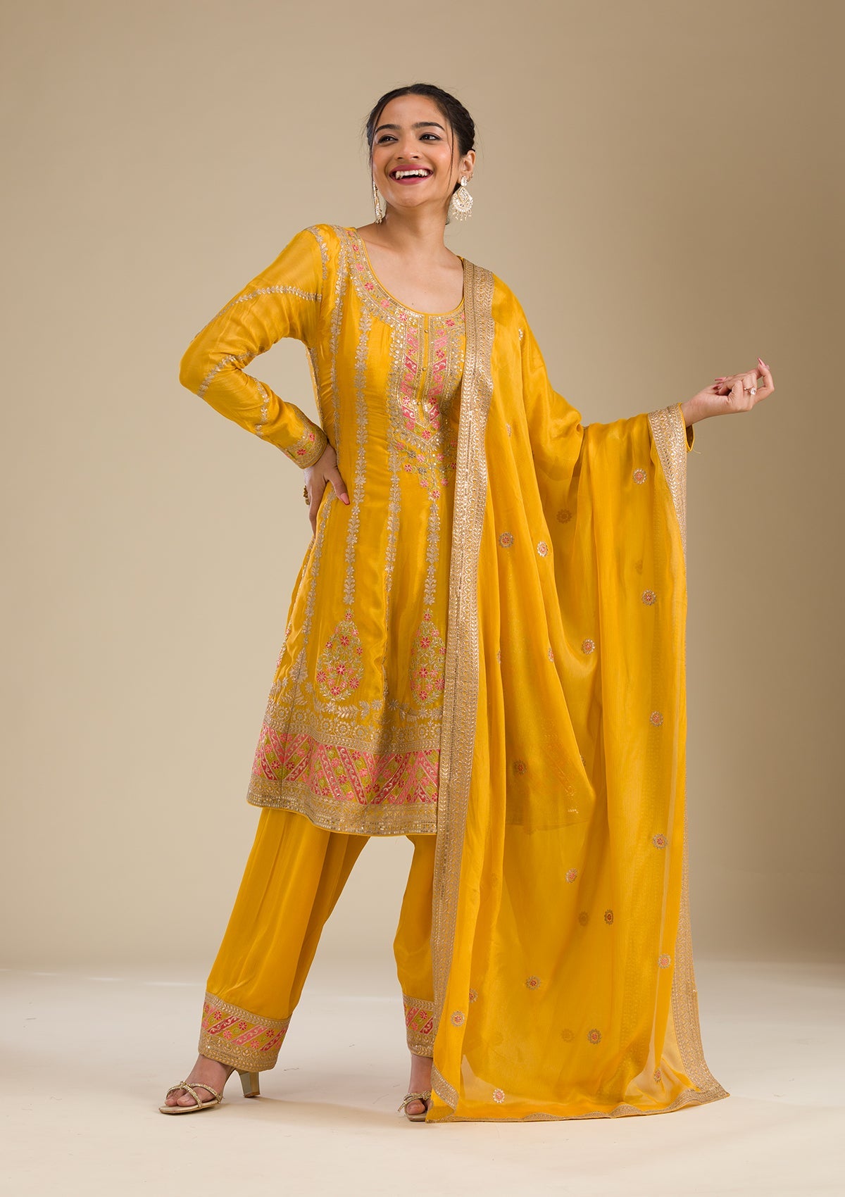 Yellow Zariwork Tissue Readymade Salwar Suit-Koskii