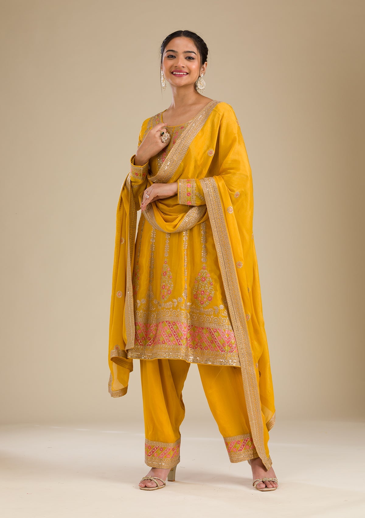 Yellow Zariwork Tissue Readymade Salwar Suit-Koskii