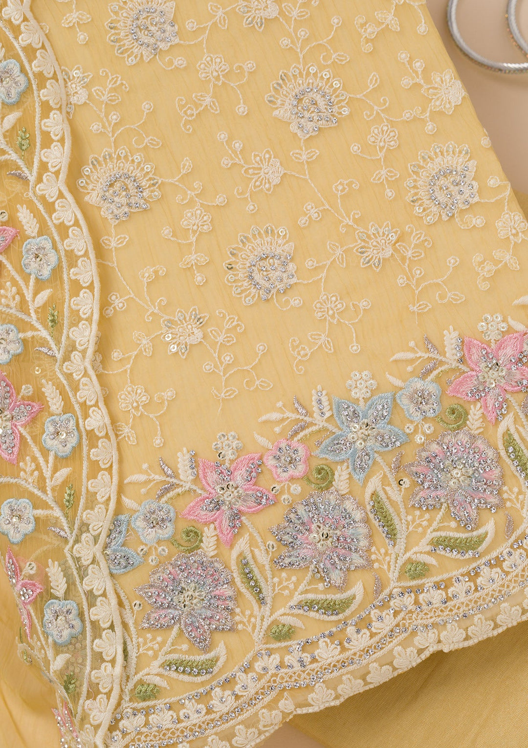 Yellow Zariwork Tissue Unstitched Salwar Suit-Koskii