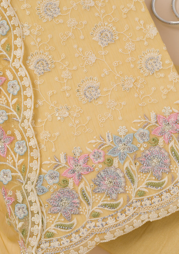 Yellow Zariwork Tissue Unstitched Salwar Suit-Koskii
