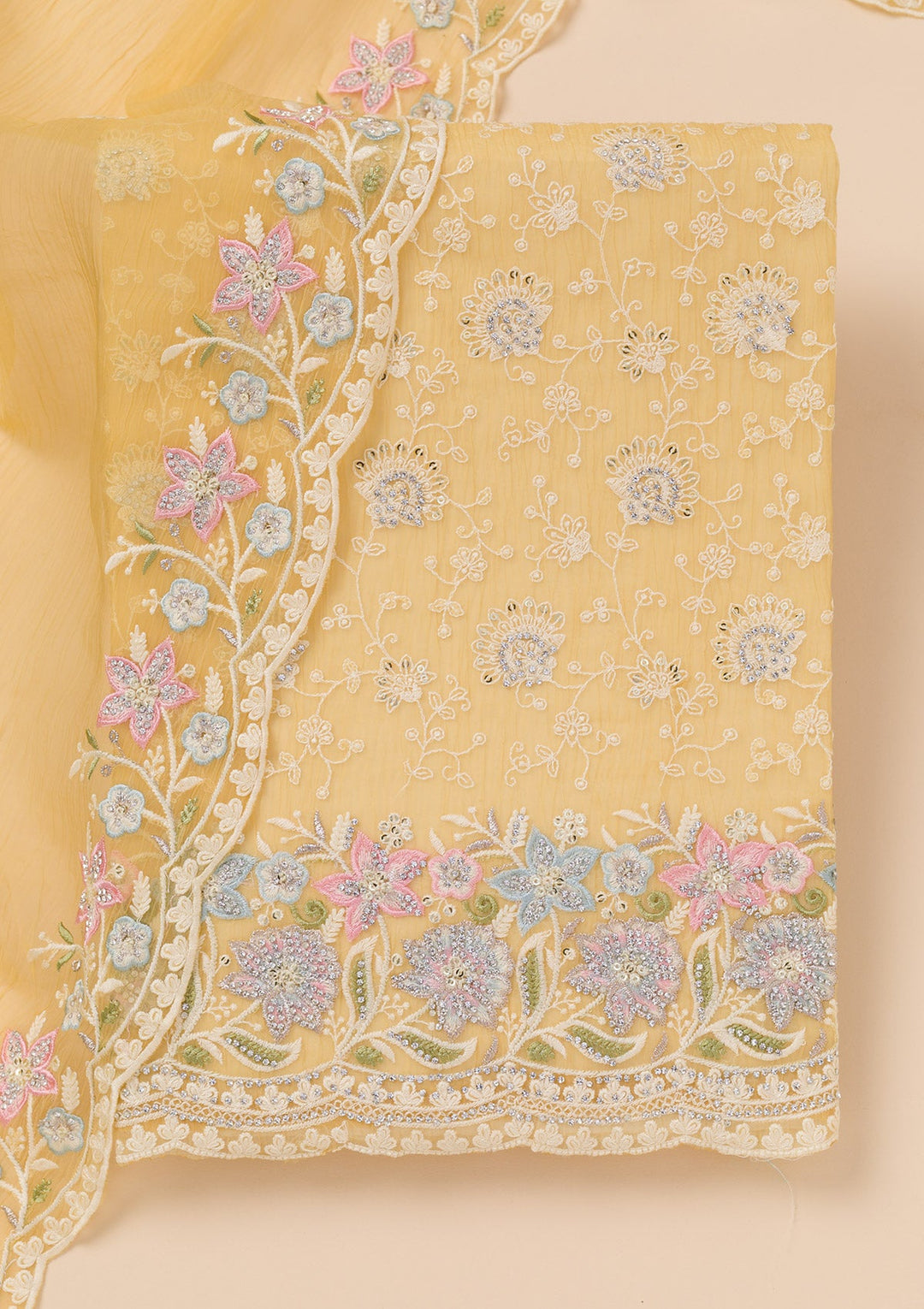 Yellow Zariwork Tissue Unstitched Salwar Suit-Koskii