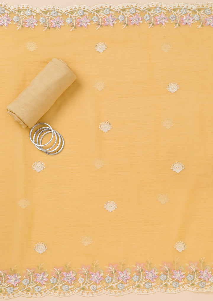 Yellow Zariwork Tissue Unstitched Salwar Suit-Koskii