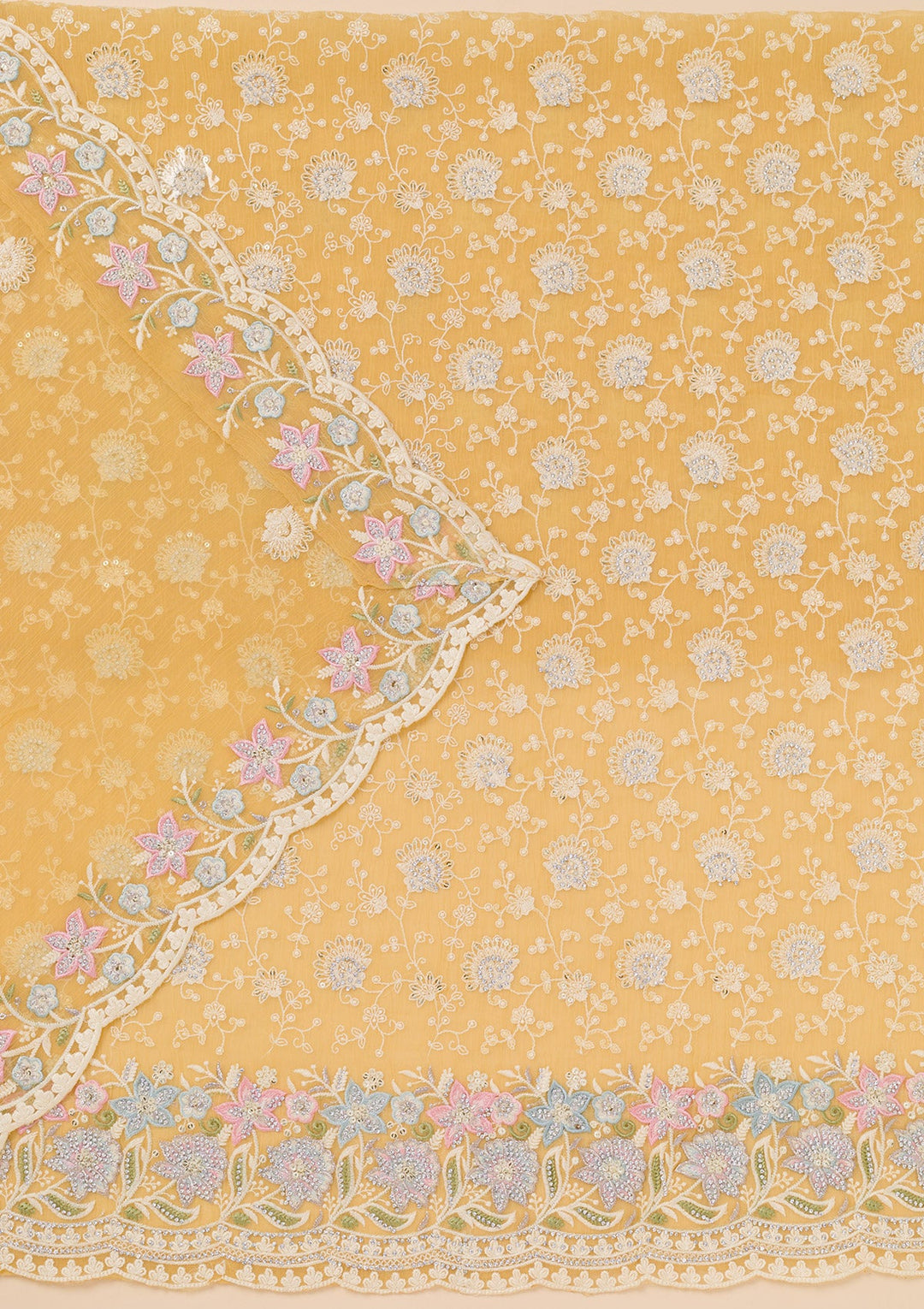 Yellow Zariwork Tissue Unstitched Salwar Suit-Koskii