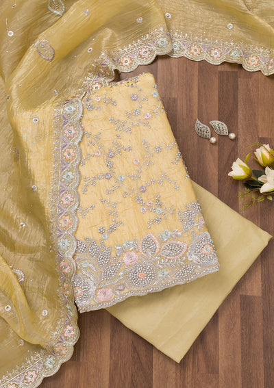 Yellow Zariwork Tissue Unstitched Salwar Suit-Koskii