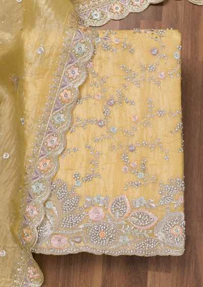 Yellow Zariwork Tissue Unstitched Salwar Suit-Koskii