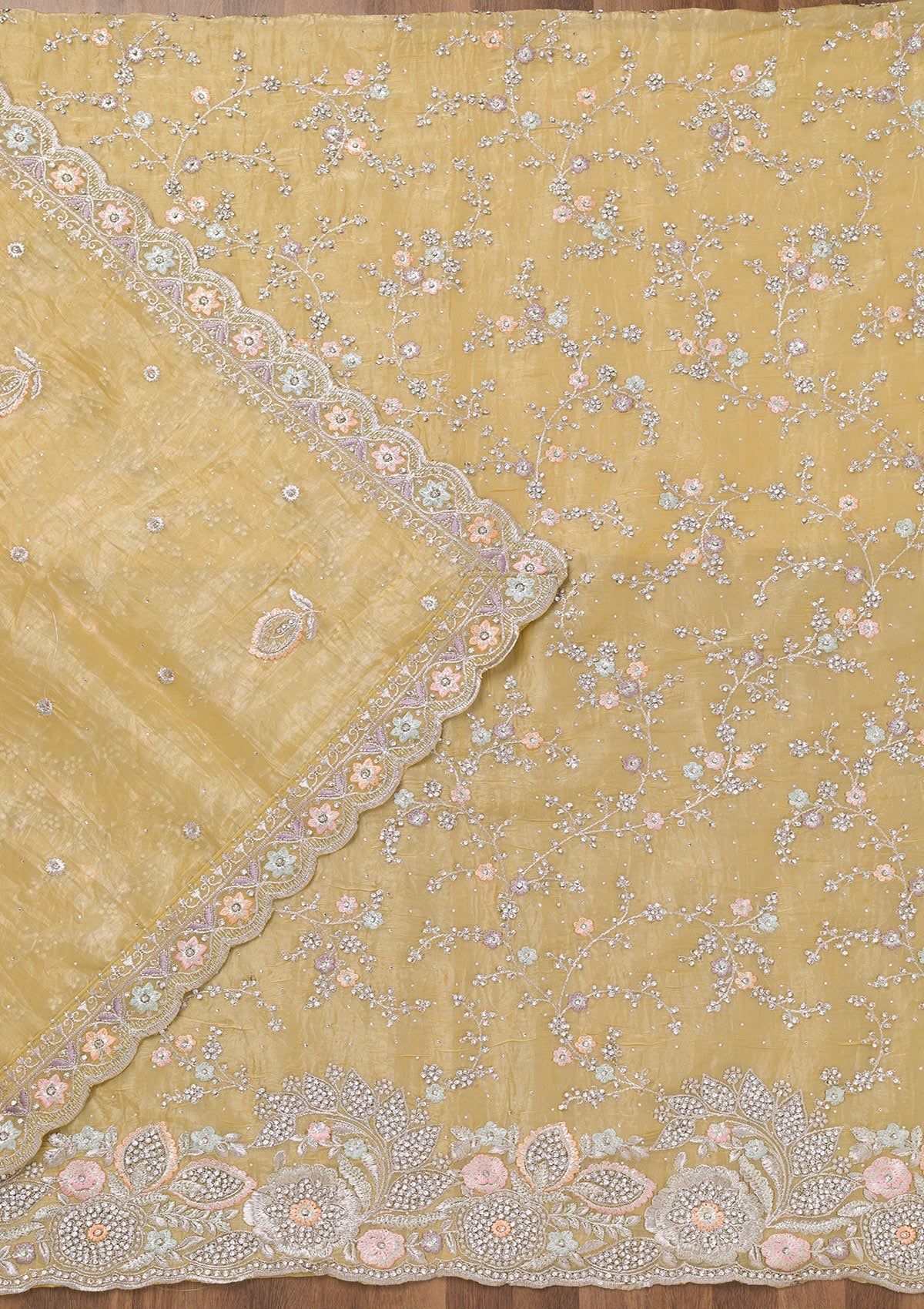 Yellow Zariwork Tissue Unstitched Salwar Suit-Koskii