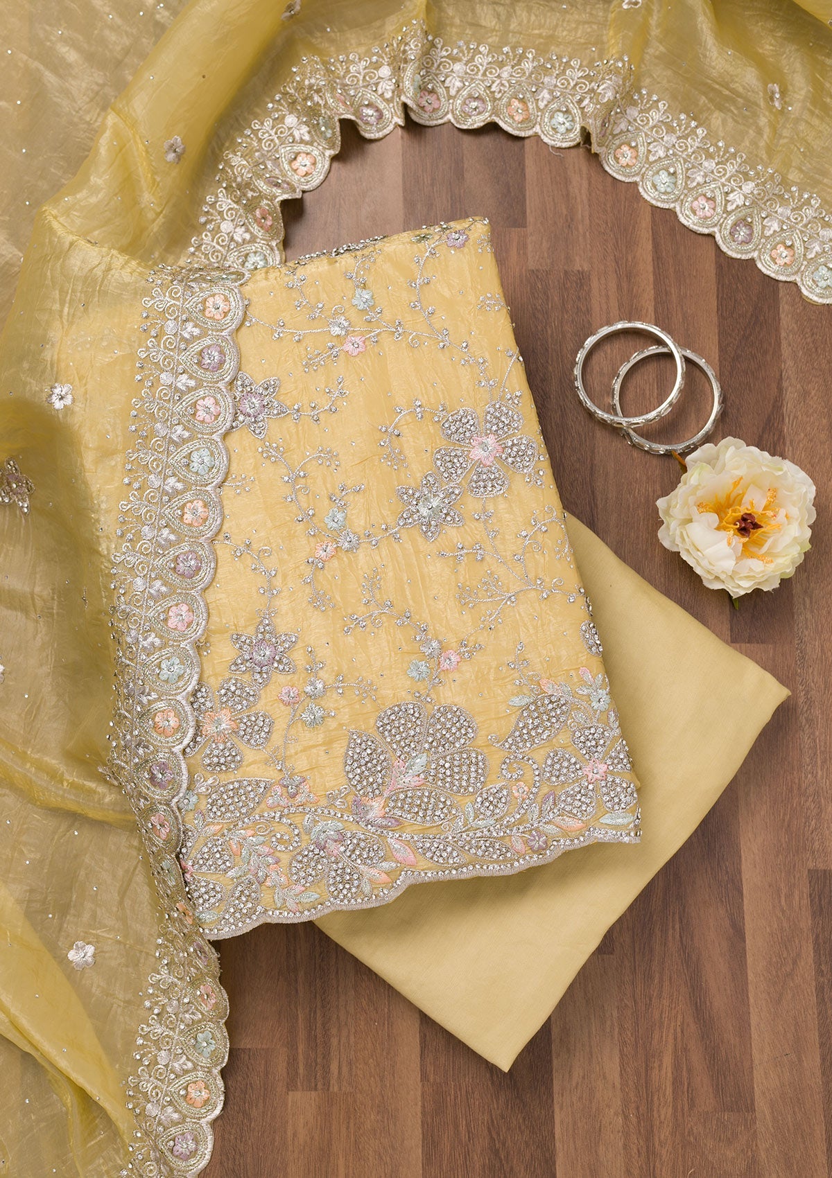 Yellow Zariwork Tissue Unstitched Salwar Suit-Koskii