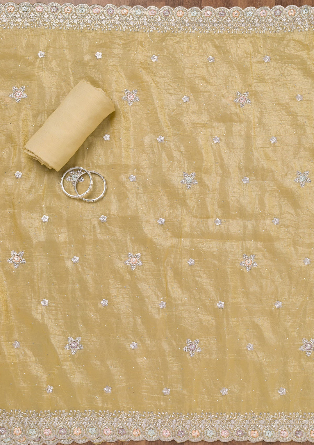 Yellow Zariwork Tissue Unstitched Salwar Suit-Koskii