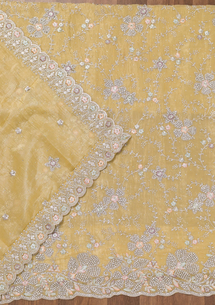 Yellow Zariwork Tissue Unstitched Salwar Suit-Koskii