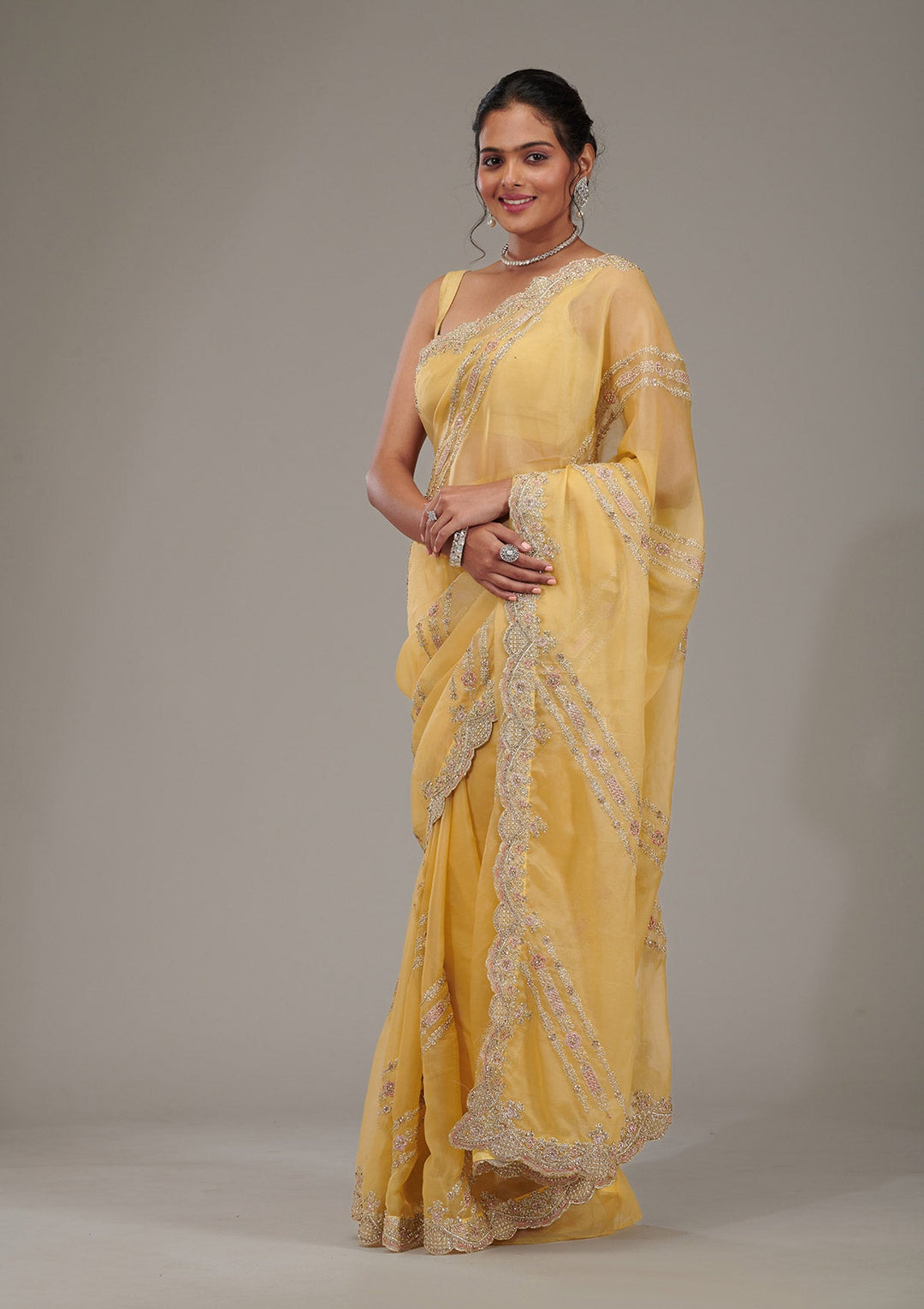Yellow Zariwork Tissue Saree-Koskii