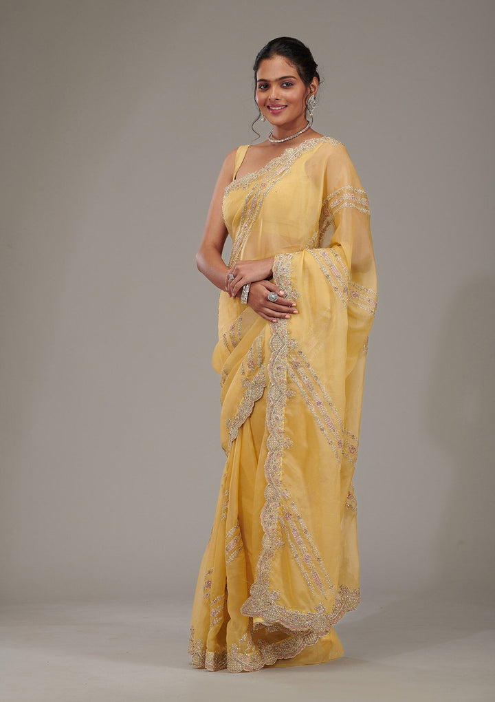 Yellow Zariwork Tissue Saree-Koskii