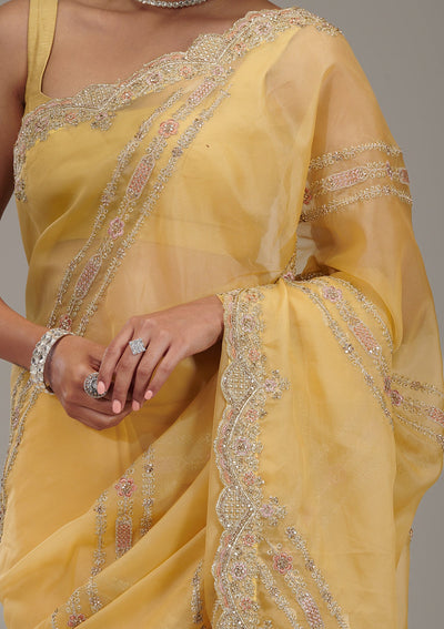 Yellow Zariwork Tissue Saree-Koskii