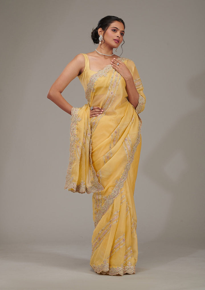 Yellow Zariwork Tissue Saree-Koskii