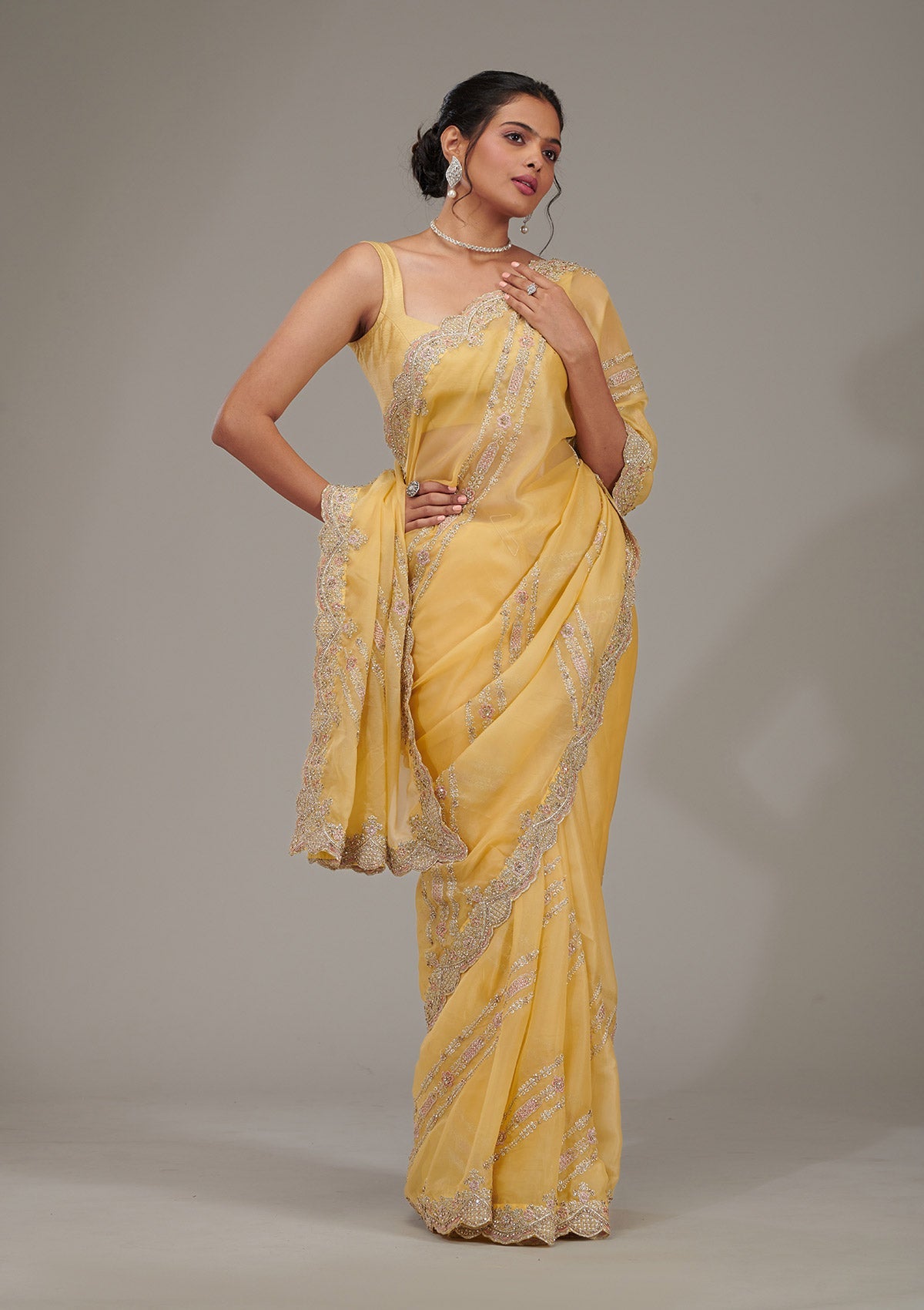 Yellow Zariwork Tissue Saree-Koskii