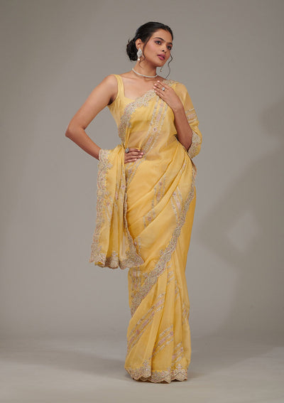 Yellow Zariwork Tissue Saree-Koskii