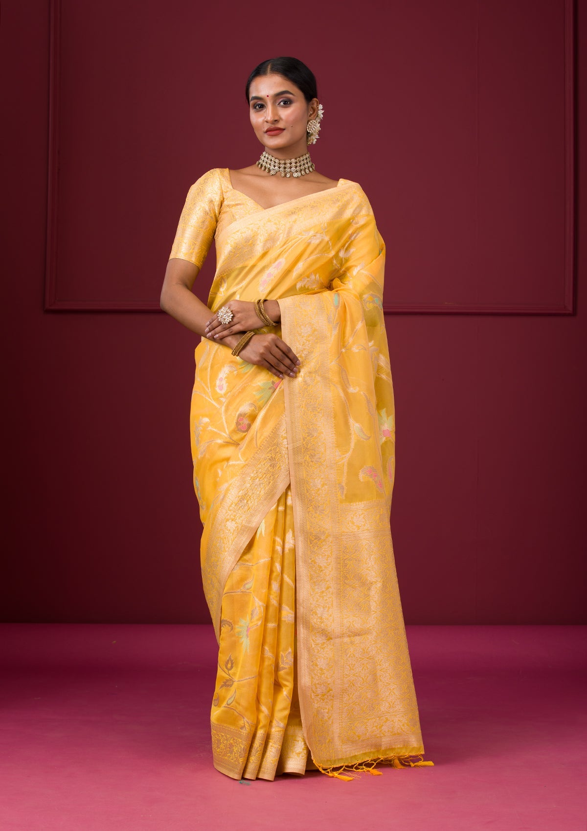 Yellow Zariwork Tissue Saree-Koskii