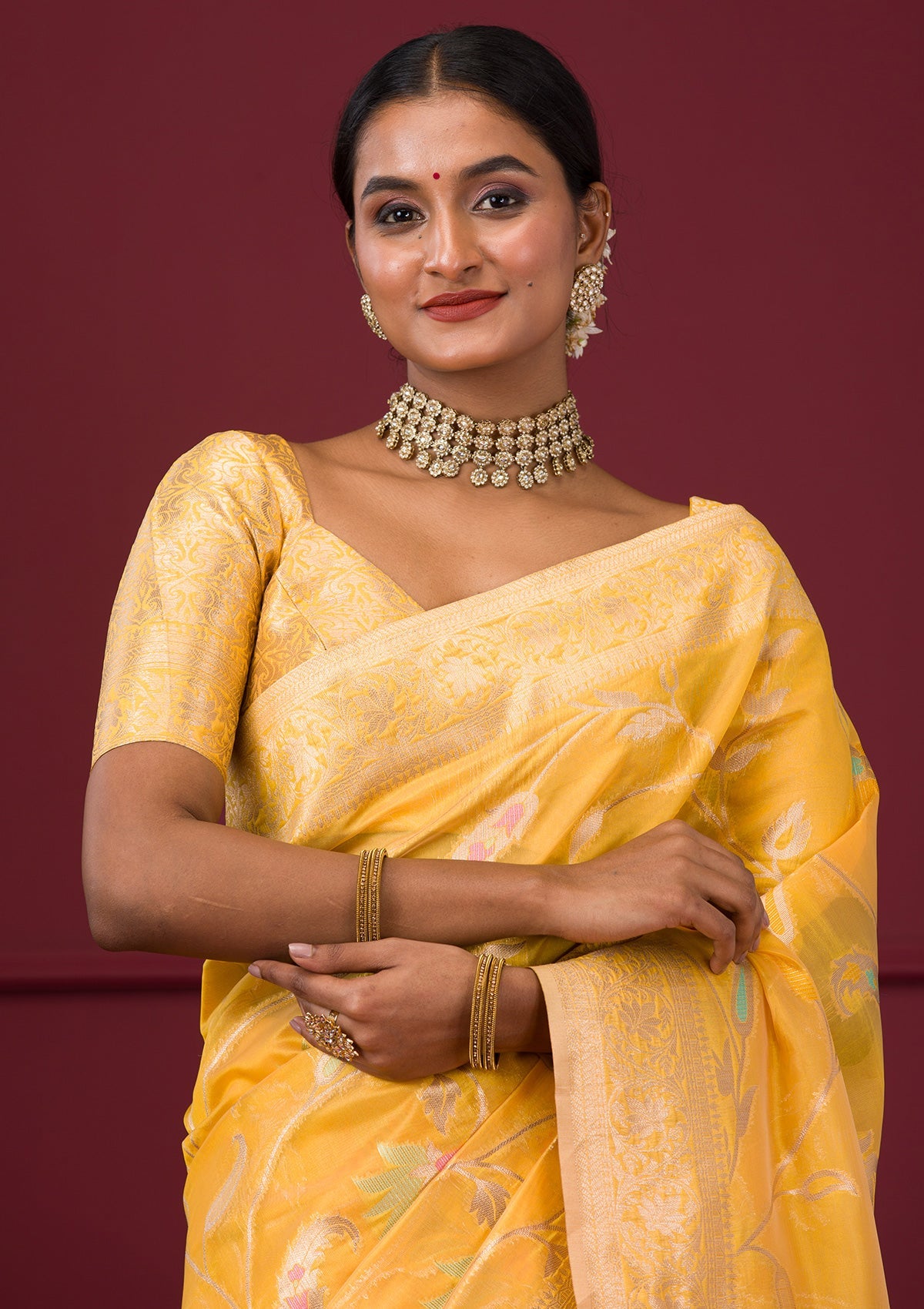 Yellow Zariwork Tissue Saree-Koskii