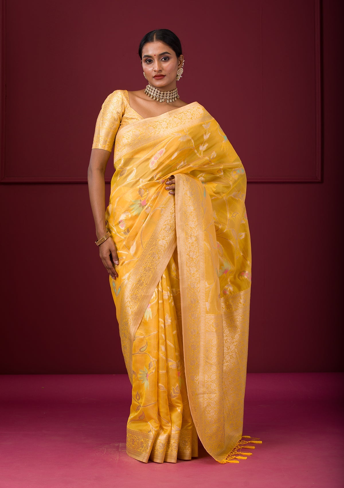 Yellow Zariwork Tissue Saree-Koskii